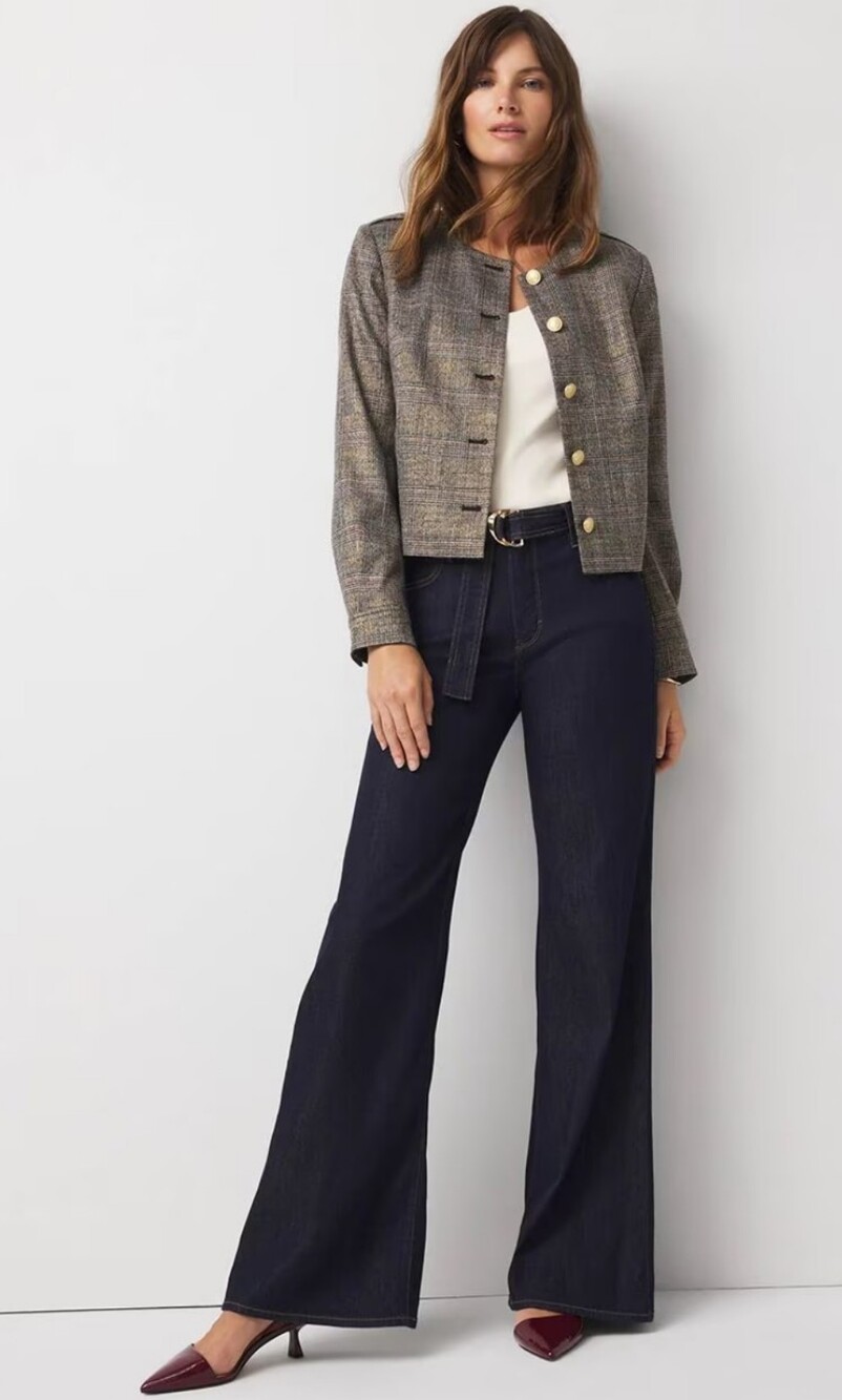 White House Black Market Metallic Plaid Cropped Blazer in Gray with Gold Buttons